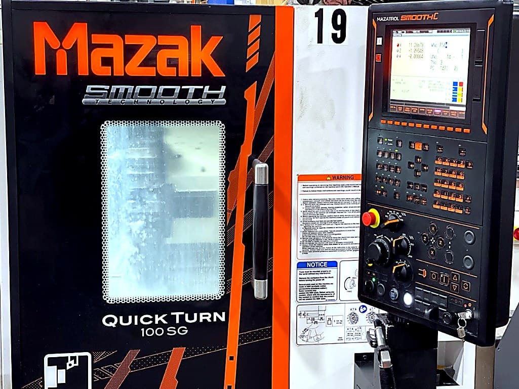 Front view of Mazak Quick Turn 100SG and control panel.