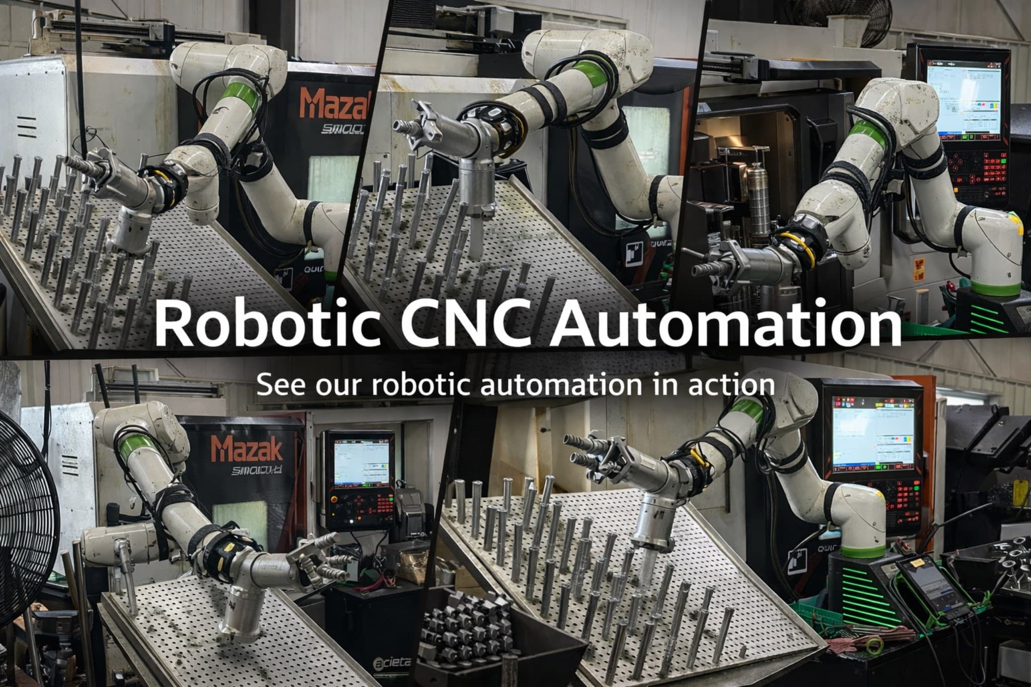 Graphic banner featuring robotic CNC automation cells and robotic machine tending.