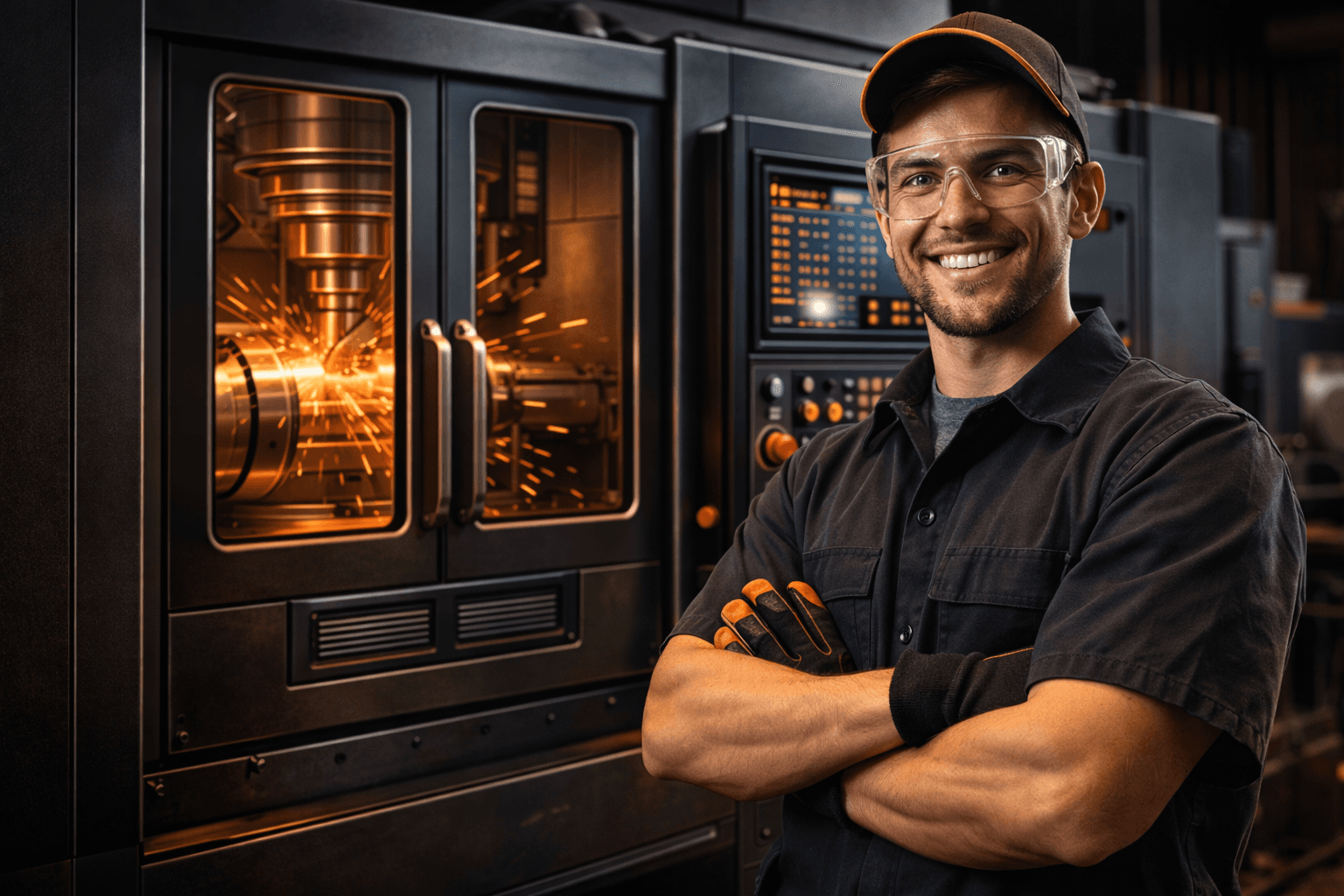 A machinist in safety glasses standing in front of a CNC machine